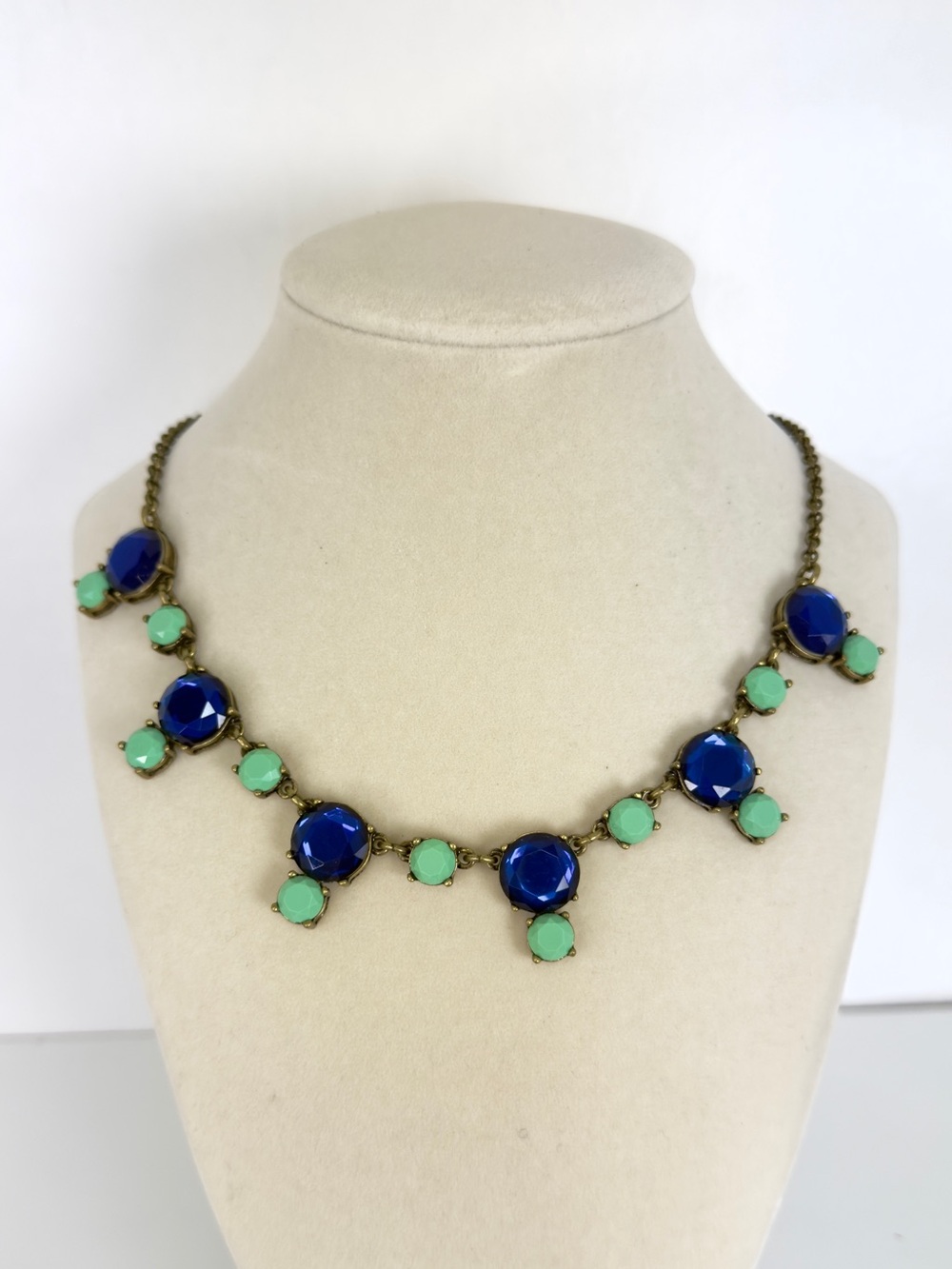 J. Crew Cobalt Blue Mint Green Statement Necklace Faceted Stone Gold Tone